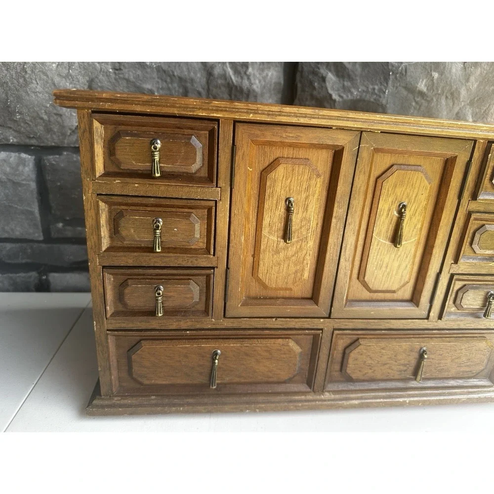Vintage MCM Kellerman Wooden Jewelry Keepsake Box Case Chest 11 Drawers Cottage